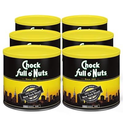 A tin of Chock full o'Nuts New York Roast - Dark - Ground coffee full o nuts.