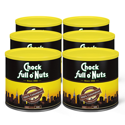 A tin of Chock full o'Nuts 100% Colombian - Medium - Ground coffee full of nuts.