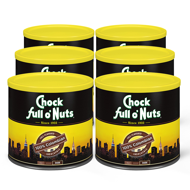 A tin of Chock full o'Nuts 100% Colombian - Medium - Ground coffee full of nuts.