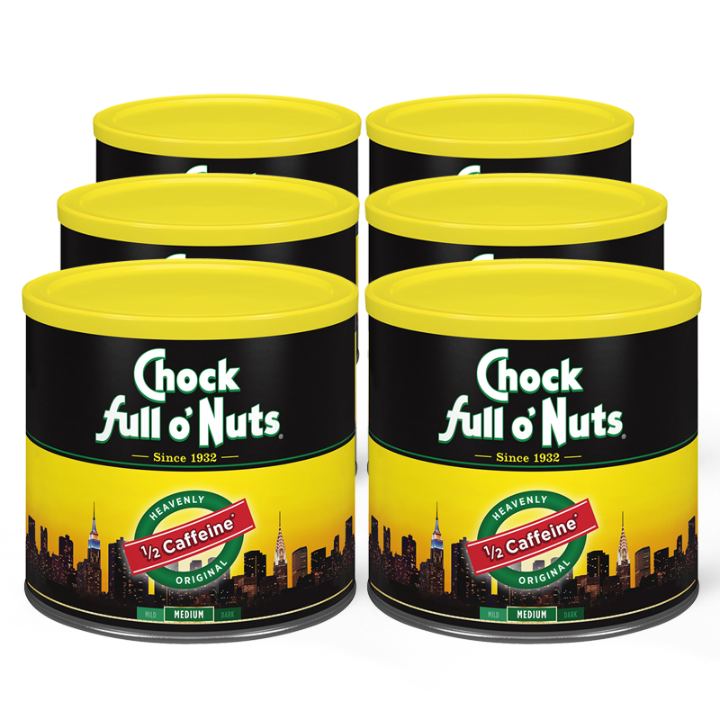Four cans of Heavenly 1/2 Caffeine - Medium - Ground coffee from Chock full o'Nuts.