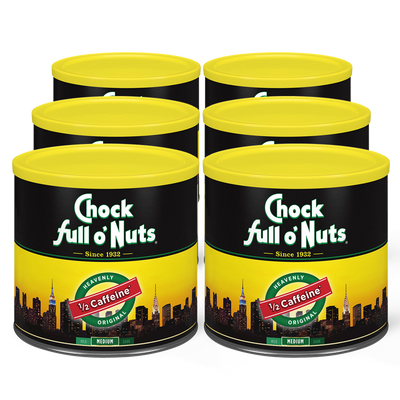 Four cans of Heavenly 1/2 Caffeine - Medium - Ground coffee from Chock full o'Nuts.