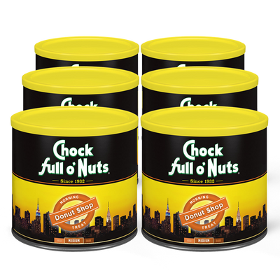 A tin of premium Arabica coffee packed with Donut Shop - Medium - Ground coffee from Chock full o'Nuts.