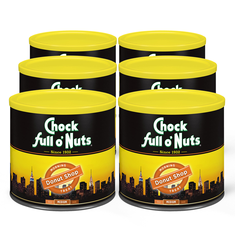 A tin of premium Arabica coffee packed with Donut Shop - Medium - Ground coffee from Chock full o'Nuts.