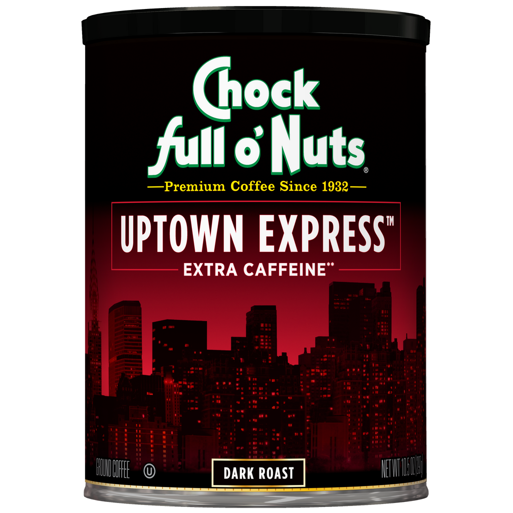 A can of Chock full o'Nuts Uptown Express - Extra Caffeine - Dark coffee with a city on it.