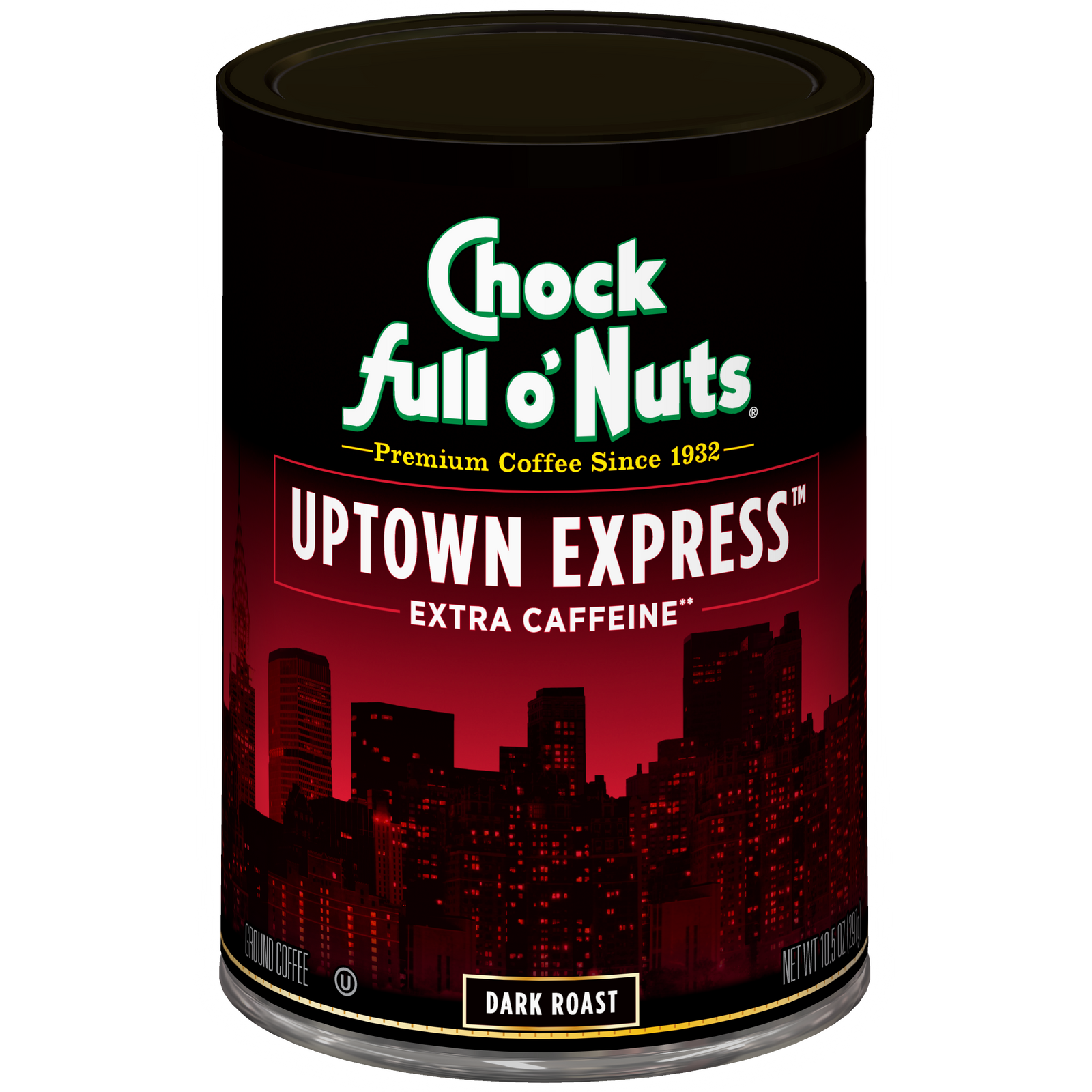A can of Chock full o'Nuts Uptown Express - Extra Caffeine - Dark coffee with a city on the side.