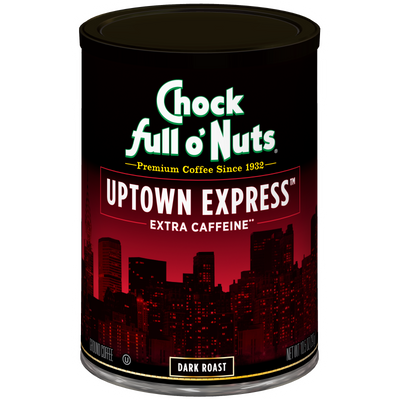 A can of Chock full o'Nuts Uptown Express - Extra Caffeine - Dark coffee with a city on the side.