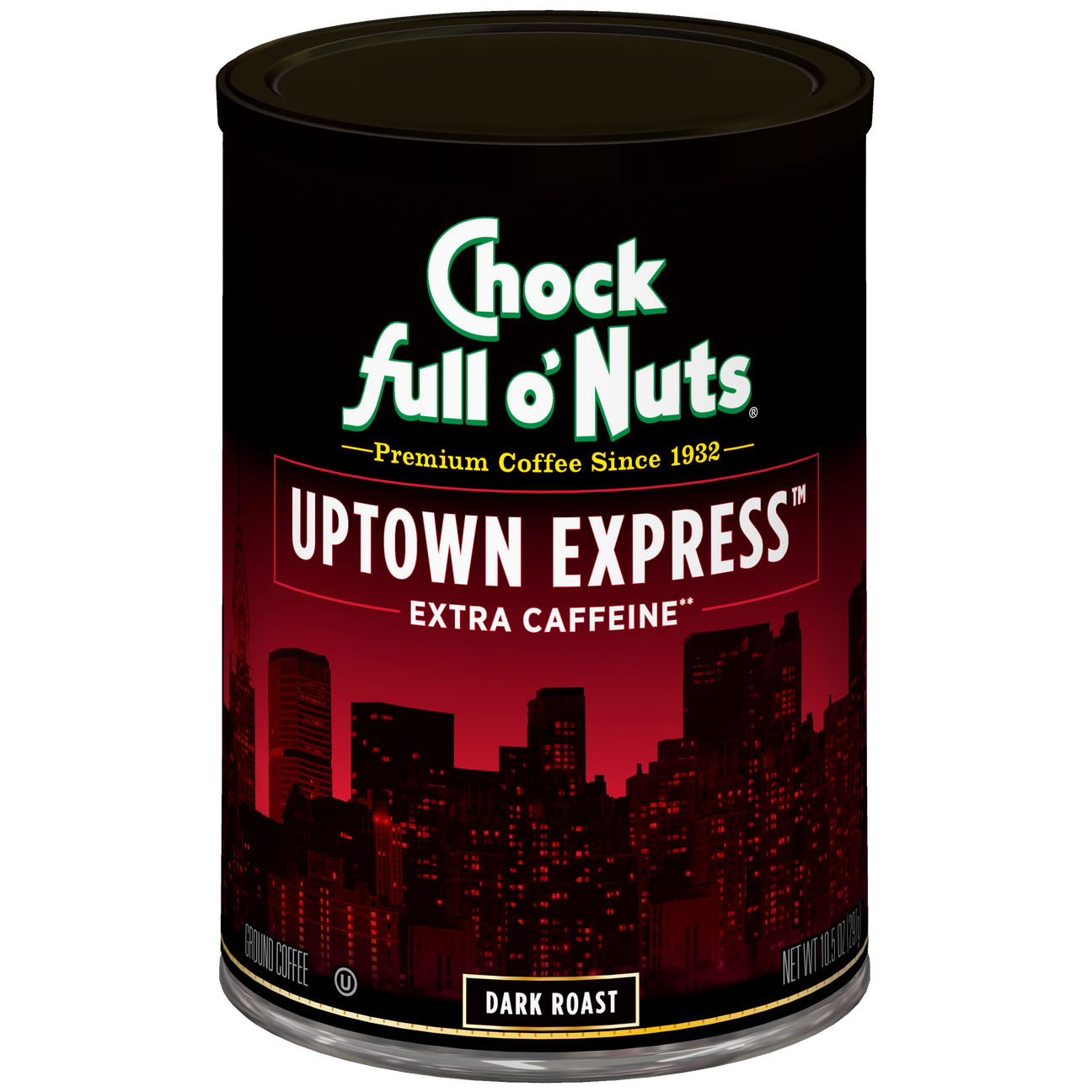 A can of Chock full o'Nuts Uptown Express - Extra Caffeine - Dark coffee with a city on the side.