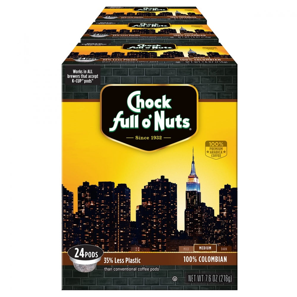 A box of Chock full o'Nuts 100% Colombian Single-Serve Pods Medium with a city skyline in the background.