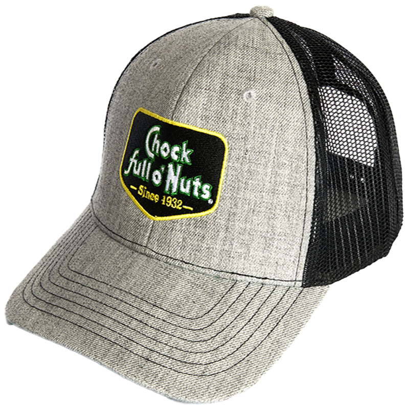 A Chock full o’Nuts® Trucker Hat - Grey with an adjustable sizing strap and a black and yellow logo on it.